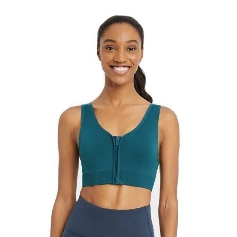 All In Motion Womens Sports Bra Front Zip Medium Support Teal Green XS New